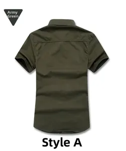 Back view of army green men's short sleeve cotton shirt showing simple plain fabric