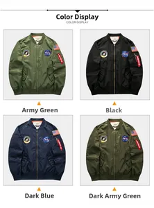 Detailweergave van vier MA-1 bomberjacks in olijf, zwart en marineblauw met NASA-patches