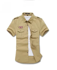Detail of khaki military style short sleeve shirt with epaulettes and chest pockets