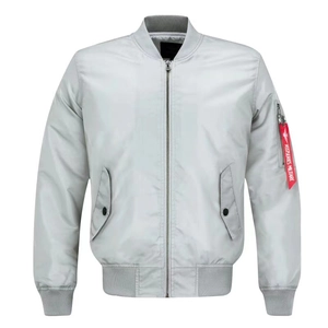 Men's light gray MA-1 bomber jacket with ribbed collar and signature red sleeve ribbon