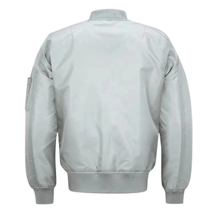 Rear view of silver-grey bomber jacket featuring ribbed hem and utility sleeve pocket