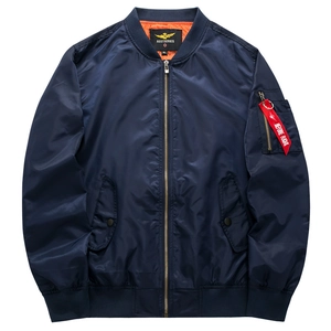 Men's navy blue bomber jacket with classic orange lining and sleeve flight ribbon