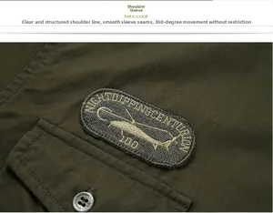Detail of army green military shirt featuring embroidered patch and engraved buttons