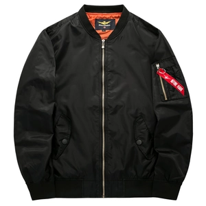 Classic black bomber jacket with bright orange lining and utility arm pocket details