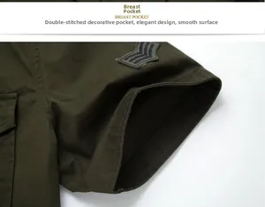 Detail of army green shirt featuring breast pocket and military style sleeve badge