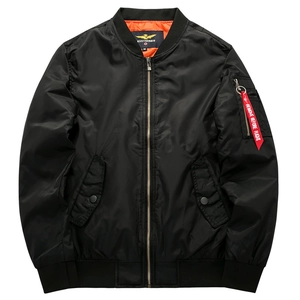 Classic black MA-1 bomber jacket with orange lining and ribbed knit details