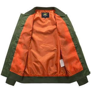 Men's army green bomber jacket with orange lining and rib-knit stand collar
