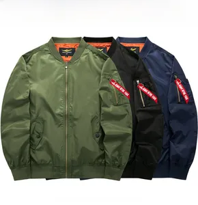 Detail of MA-1 flight jacket showing the iconic utility pocket and red flight ribbon tag
