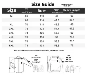 Detailed size chart for MA01 flight jacket with measurements from M to 6XL in cm