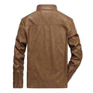 Men's vintage brown faux leather jacket with stand collar and zipper cuffs rear view