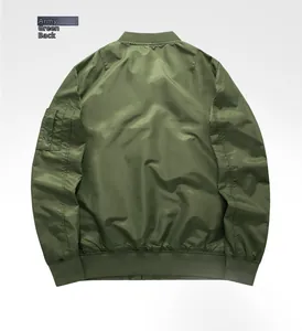 Back view of army green bomber jacket with ribbed cuffs and sleeve zipper pocket