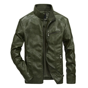 Detail view of the green men's faux leather jacket showing stand collar and zipper texture