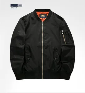 Close-up of MA-1 bomber jacket detail with classic sleeve pocket and orange lining
