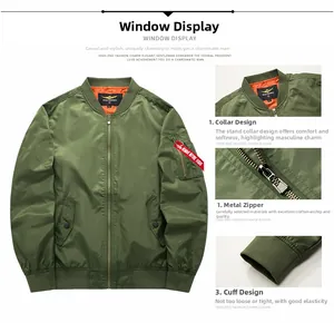 Detail view of military green bomber jacket with orange lining and arm utility pocket