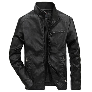 Detailed close-up of ribbed stand collar and premium texture on black PU leather jacket