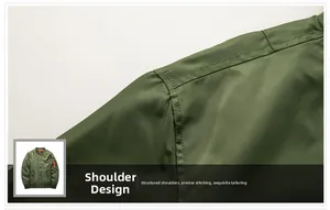 Detail of army green bomber jacket shoulder with durable double-stitched seams