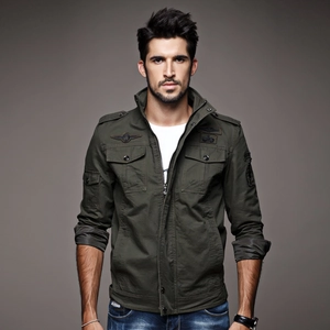 Army green military style men's cotton cargo jacket with tactical badges and stand collar