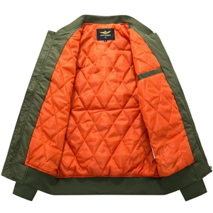 Men's plus size military green bomber jacket with orange quilted lining and stand collar