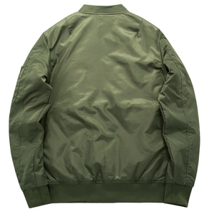 Army green men's bomber jacket with ribbed cuffs and utility sleeve pocket, back view