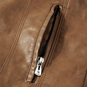 Vintage brown washed PU leather biker jacket with stand collar and textured metal zipper details