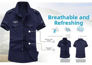 Detail view of navy blue cotton military shirt with shoulder epaulets and dual chest pockets