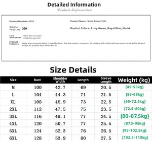 Detailed size chart for men's cotton short sleeve casual shirt including chest and shoulder