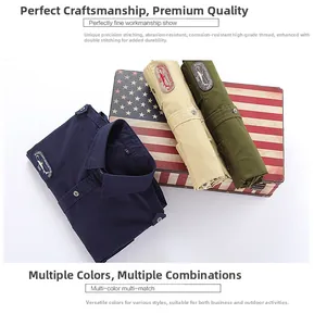 Detail of multi-color tactical shirts showing sleeve patches and reinforced stitching