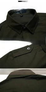 Detailweergave van legergroen katoenen shirt met schouder epauletten en kraagtextuur