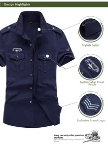 Detail of dark blue military short sleeve shirt with shoulder epaulets and chest patches
