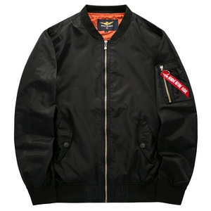 Classic black MA-1 bomber jacket with orange lining and utility pocket on white background