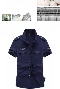 Detail view of navy blue short-sleeved military cotton shirt with double chest pockets