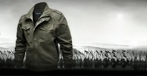 Detail of military style cotton jacket featuring stand collar with metal zipper and epaulets