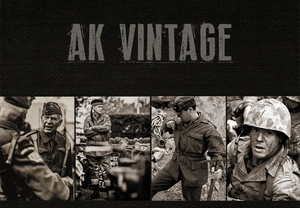 Collage of vintage military jackets and WWII style gear with retro AK VINTAGE branding