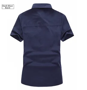 Detailed back view of dark blue short sleeve cotton shirt with horizontal shoulder seam