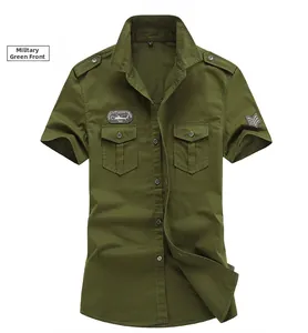 Detail of army green military shirt featuring epaulettes and helicopter embroidery patches