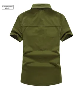 Back view of army green short sleeve military shirt featuring clean seams and rounded hem