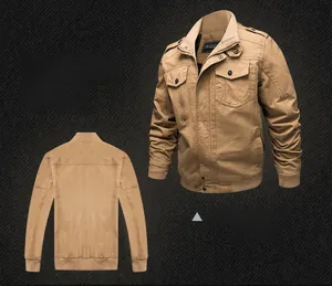 Detail view of khaki military style cotton jacket showing stand collar and cargo pockets