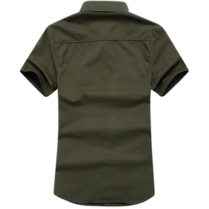 Army green short sleeve cotton shirt for men featuring classic back panel and curved hemline
