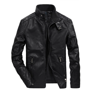 Slim fit men's black PU leather jacket with stand collar and ribbed knit inner lining