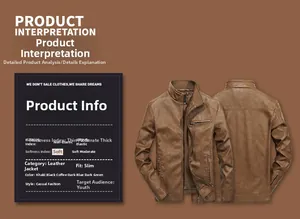 Detail view of brown PU leather jacket with stand collar and zipper pockets