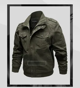 Detail of olive green cotton military jacket with epaulets, chest pockets and stand collar