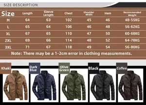 Detailed size chart for men's fleece-lined PU leather jackets with five color options