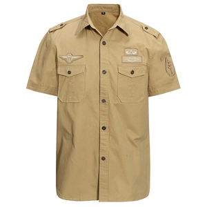 Short sleeve khaki military style shirt for men with embroidered badges and shoulder straps