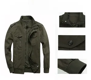 Detail view of army green military jacket with stand collar, chest pockets and metal buttons
