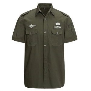 Men Cotton Short Sleeve Cargo Shirt Military Style Embroidered Badge Casual Button Down Work Top For Men Comfortable