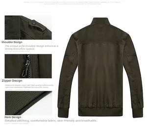 Detail view of military green cotton jacket showing epaulettes and metal zipper accents