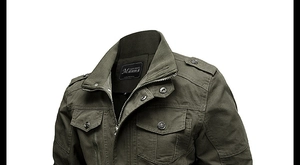 Close-up of military green men jacket showing stand collar and cargo chest pocket detail