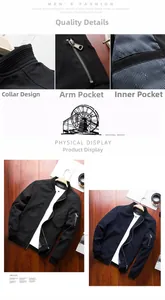Detail of bomber jacket ribbed collar, sleeve zip pocket and striped inner lining detail