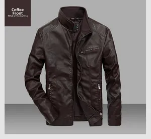 Front view of men's coffee brown PU leather jacket featuring stand collar and zipper pockets