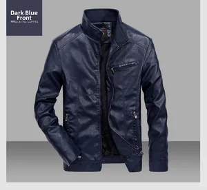 Detail of dark blue faux leather jacket with rib-knit collar and vertical zipper pockets
